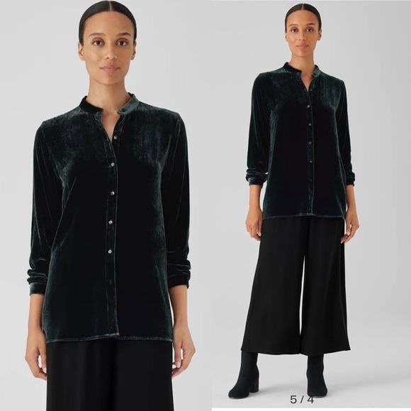 NWT Eileen Fisher Mandarin Collar Long Shirt Silk Ivy Crushed Velvet PL Petite L - Picture 4 of 16